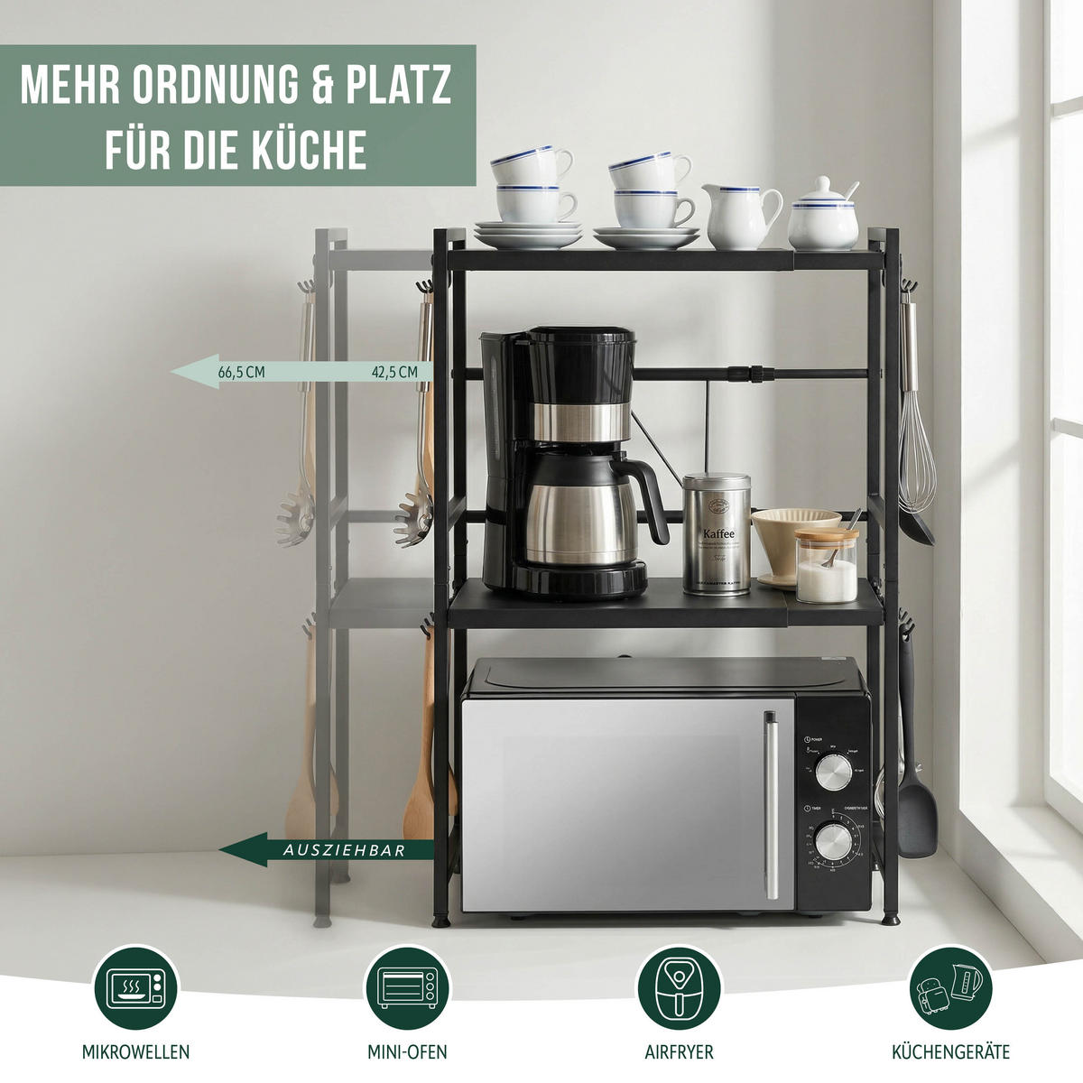 MIKROWELLENREGAL, schwarz, Metall - Schwarz, Metall (42.5/80.5/31.5cm) - eluno