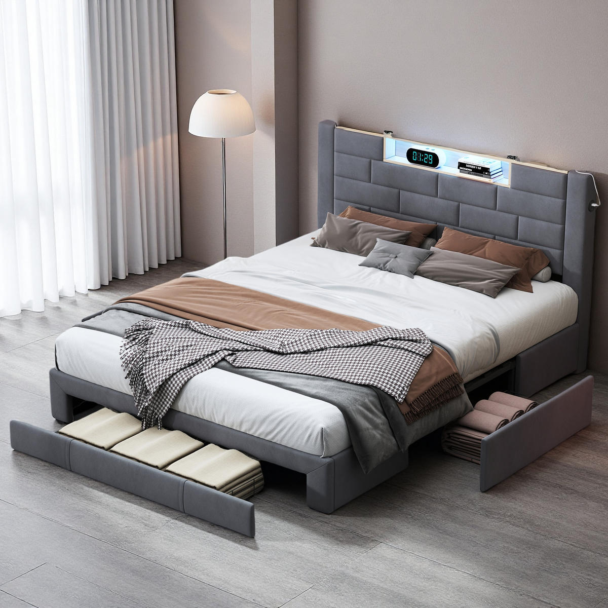 POLSTERBETT 140x200 cm Grau Samt LED USB Schubladen Kopfteil - Grau, Holz (140/200cm) - SHOPENTRA
