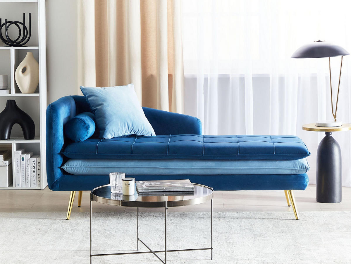 ČALOUNĚNÉ LEHÁTKO CHAISE LONGUE Sametová látka modré levostranné Gonesse - zlatá/tmavě modrá, textil (160/72/79cm) - Beliani