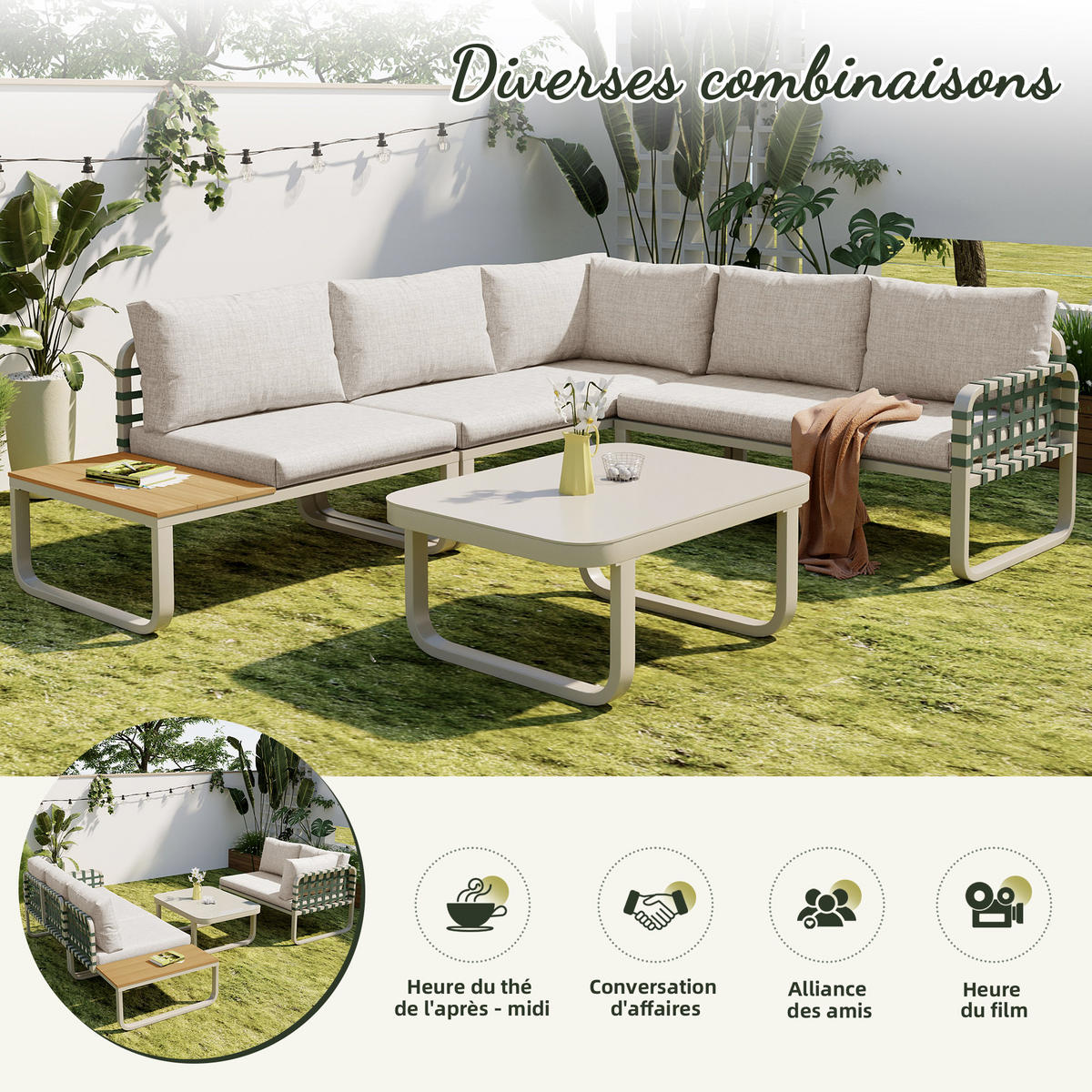 GARTEN Lounge Set 4 bis 5 Sitzer Grünes Leder Rattan Sofa mit Kissen Balkonset für Garten und Terrasse Aprikose - Creme, Metall - FLIEKS