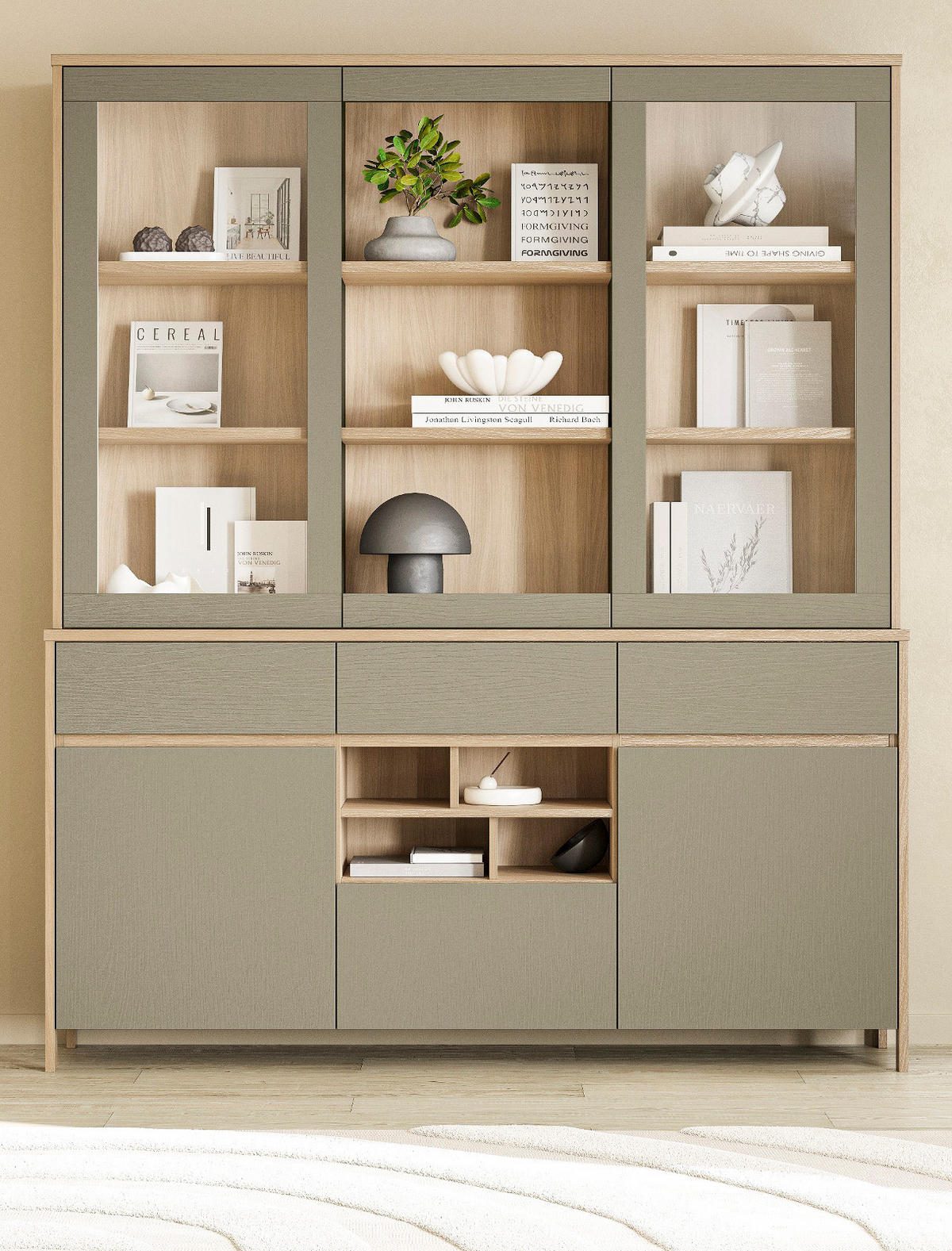 BUFFET Salbei grün, Eiche, Vitrinenschrank skandinavisch 164 x 195 cm, Soft-Close - Salbeigrün/Eichefarben, Glas/Holzwerkstoff (164/195/39cm) - Furn.Design