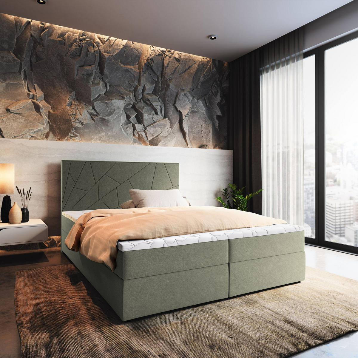 POSTEL BOXSPRING MADO 140x200 cm, s matrací a úložným prostorem, zelená barva - zelená barva, kompozitní dřevo/textil (140/200cm) - MASSENO