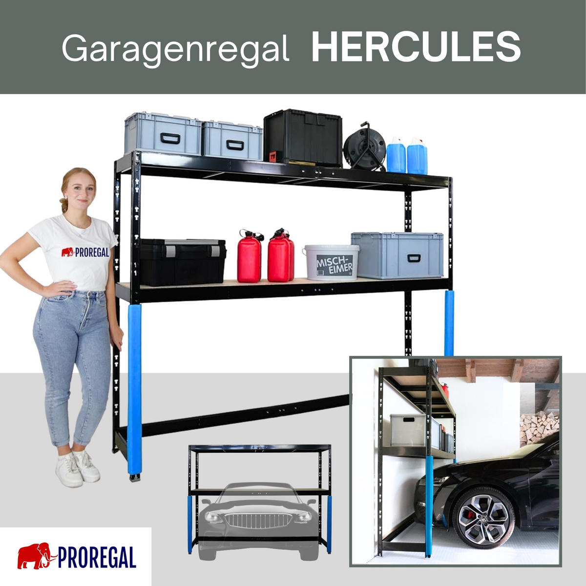 PROREGAL Garagenregal HERCULES 180x240x50cm 2 Lagerebenen Schwarz - Schwarz, Metall (240/180/50cm) - PROREGAL