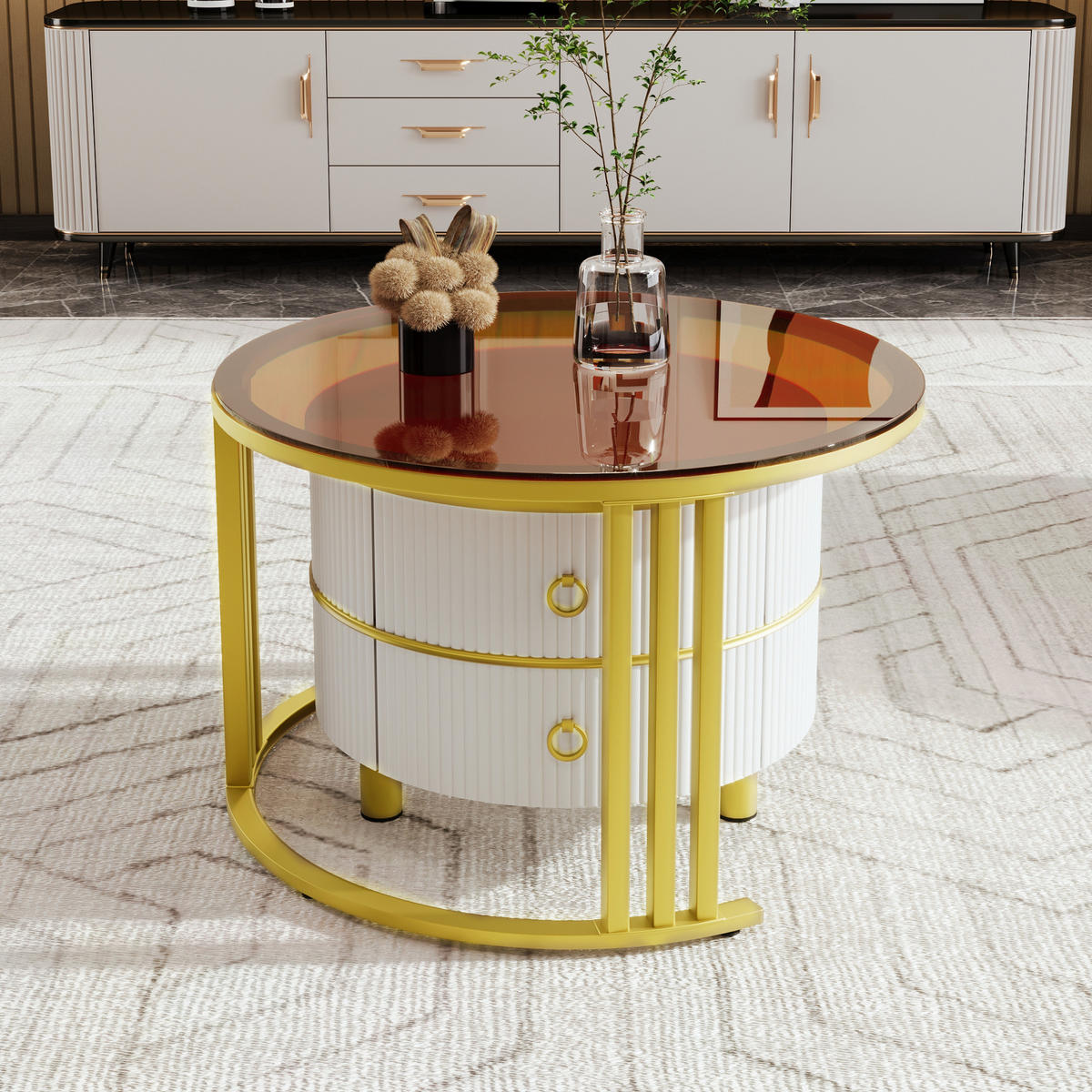 COUCHTISCH-SET 2-teilig, rund, MDF & Hartglas, 2 Schubladen, 70/70/45 + 50/50/40 cm，Weiß - Weiß, Holzwerkstoff (70/70/45cm) - Redom