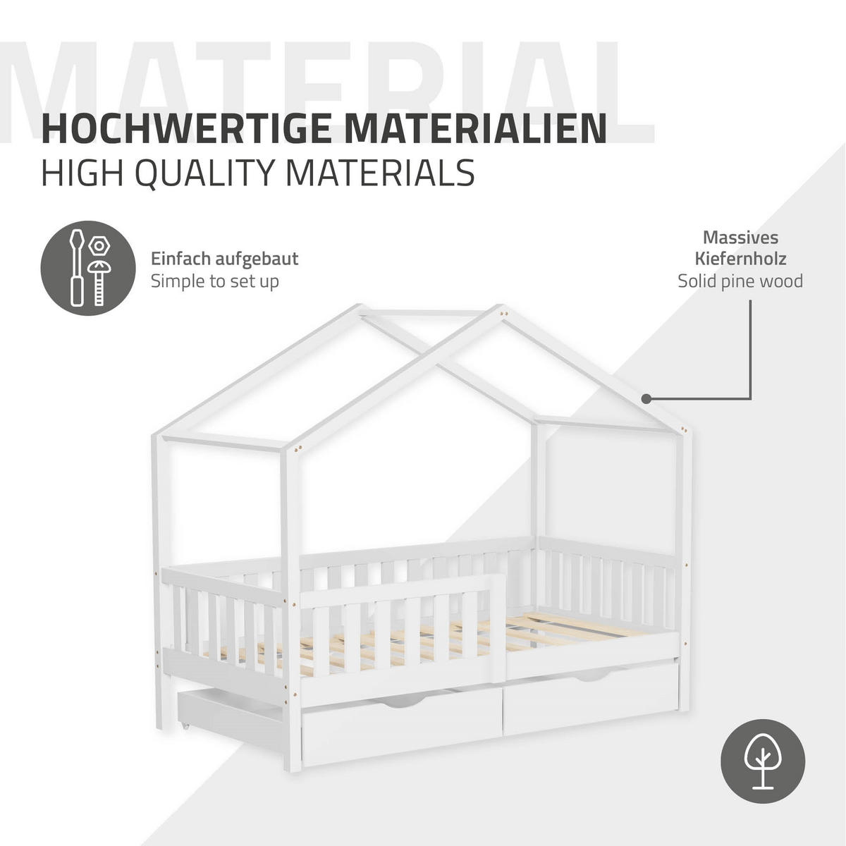 HAUSBETT mit Matratze 80x160 cm und 2 Schubladen Weiß aus Kiefernholz - Weiß, Holz (80/160cm) - ML-DESIGN