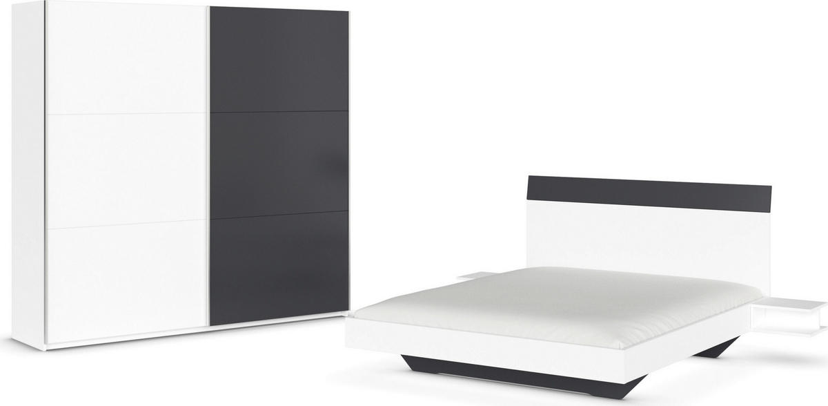 SCHLAFZIMMER Monza in Weiß und Grau Metallic mit Bettanlage 160x200cm, 2 Nachttischen und Schwebetürenkleiderschrank 4türig ohne Spiegel - Weiß, Holzwerkstoff (80/200/120cm)