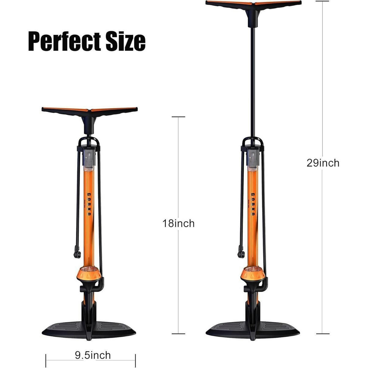 FAHRRADPUMPE mit Manometer für Presta und Schrader Ventile - Orange, Metall (24.1/73.7/24.1cm)