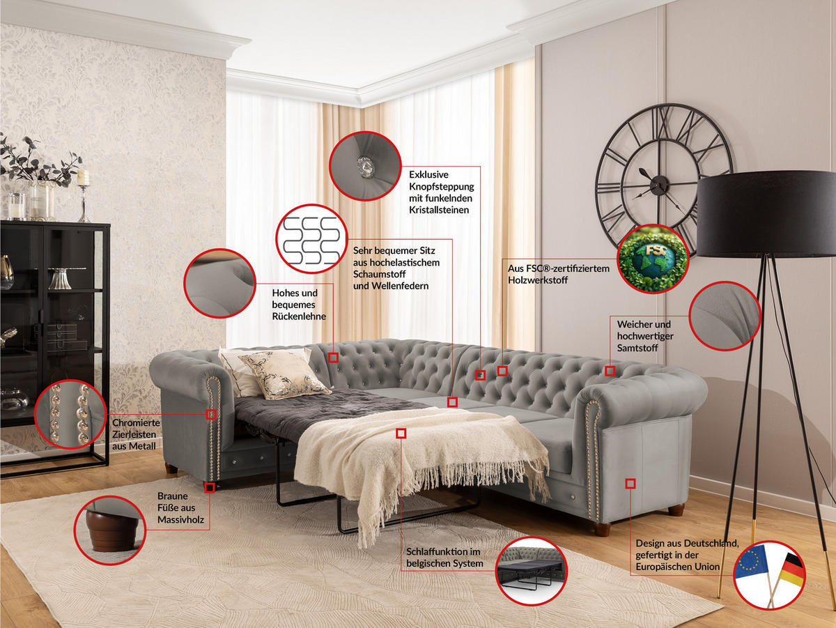 ECKSOFA mit Schlaffunktion Chesterfield Marineblau Samt mit Kristallsteppung und braunen Massivholzfüßen - Ottomane Links - Blau/Braun, Holz/Textil (264/210cm) - S-Style Möbel