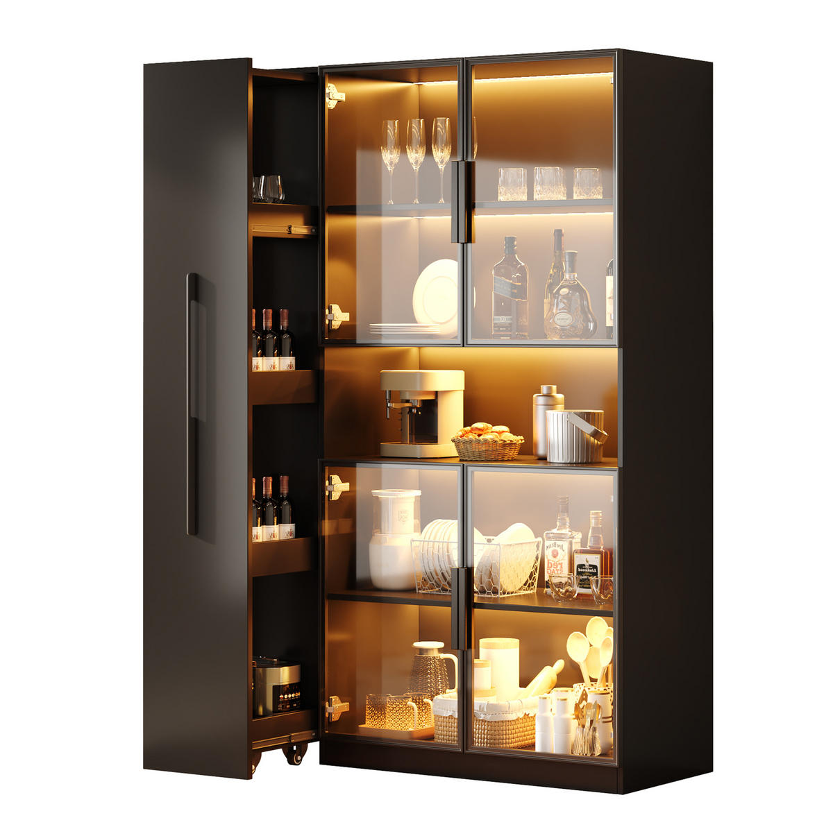 HIGHBOARD 110/35/160 cm mit LED-Beleuchtung und Glaseinsatz in Schwarz - Schwarz, Holzwerkstoff (110/160/35cm) - BEAOK
