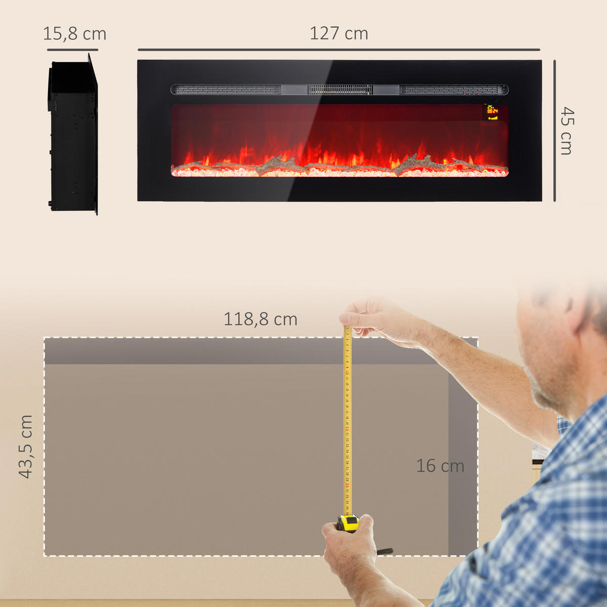 ELEKTROKAMIN 1800 W Wandkamin mit LED 3D-Flammeneffekt Kristalle in 3 Farben - Schwarz, Metall (15.8/45/127cm) - HOMCOM