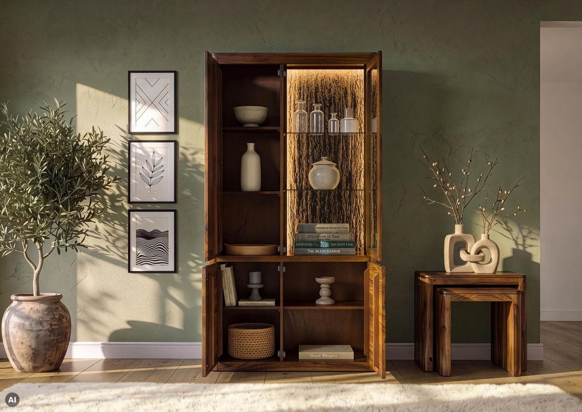 VITRINE Sheesham 109x40x202 walnuss gewachst TORONTO LUX #211 - Dunkelbraun, Holz (109/202/40cm) - Massivmoebel24