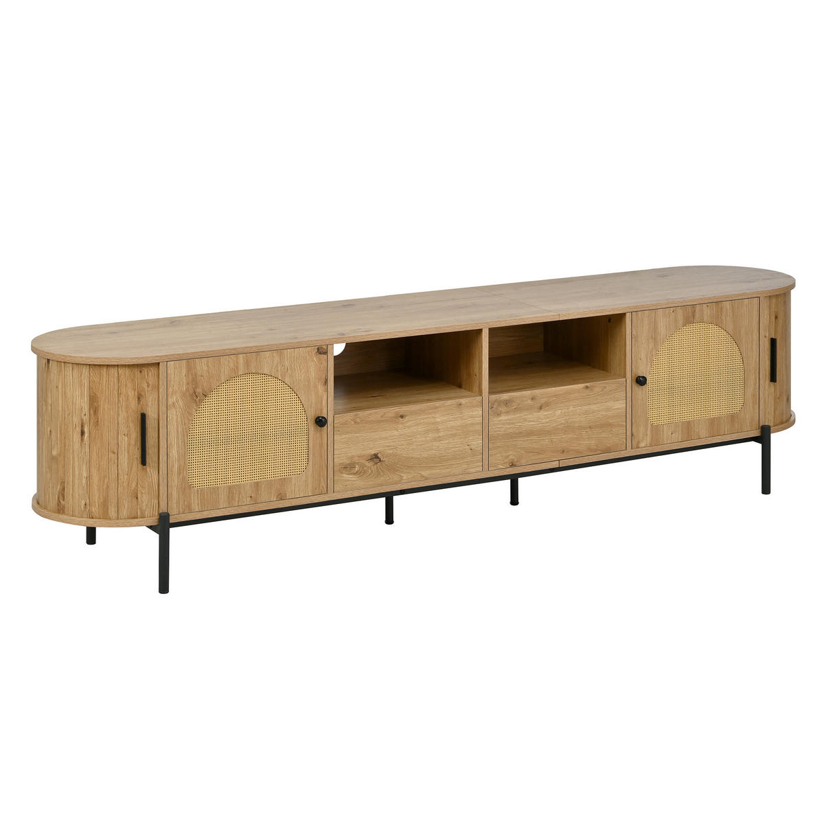 TV-LOWBOARD in Holzoptik mit Rattan, ovale Form und viel Stauraum - Naturfarben, Holzwerkstoff (200/49.5/40cm) - Urban Meuble