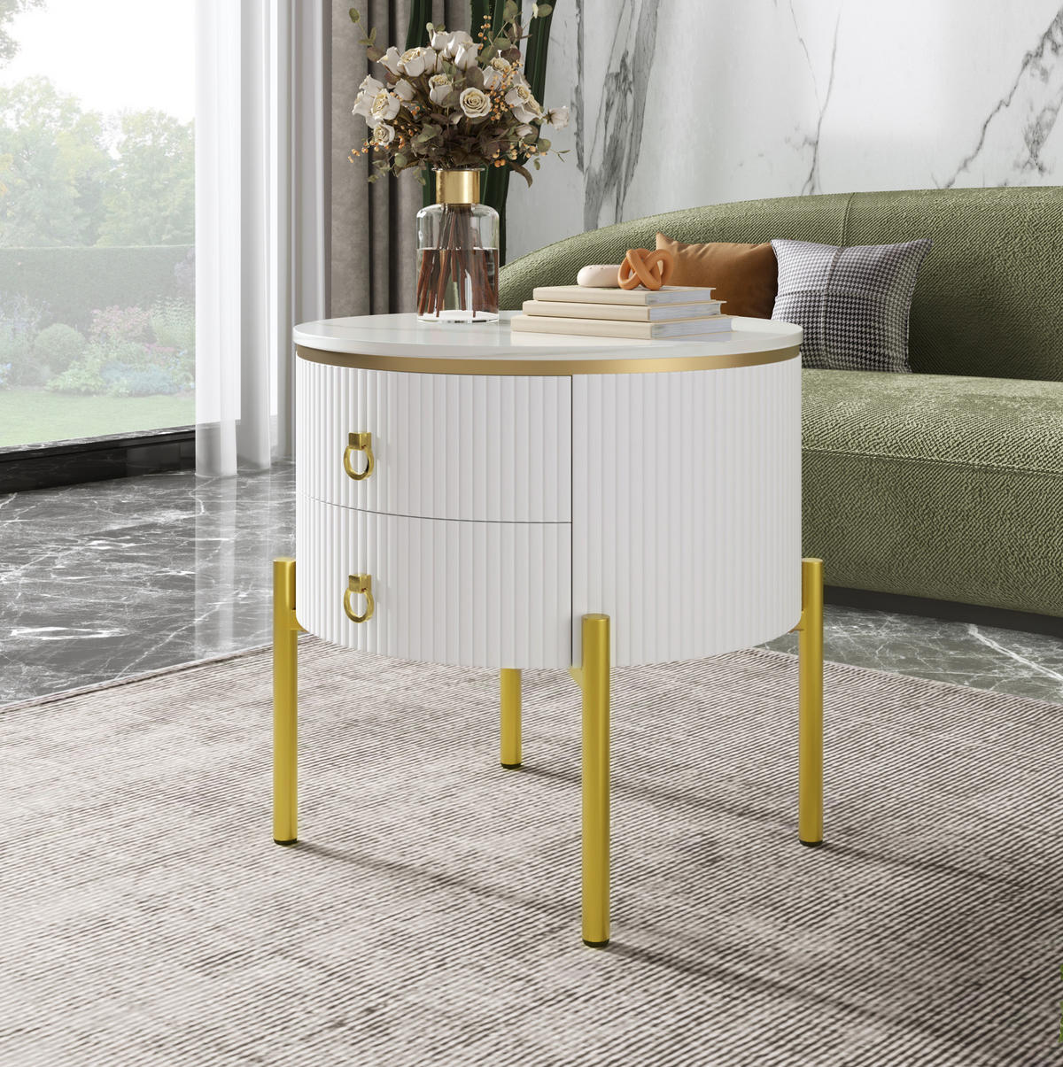 BEISTELLTISCH 50/50/51 cm mit 2 Schubladen, Marmoroptik und verstellbaren Beinen, Weiß/Gold - Weiß, Holzwerkstoff (50/50/51cm) - Redom