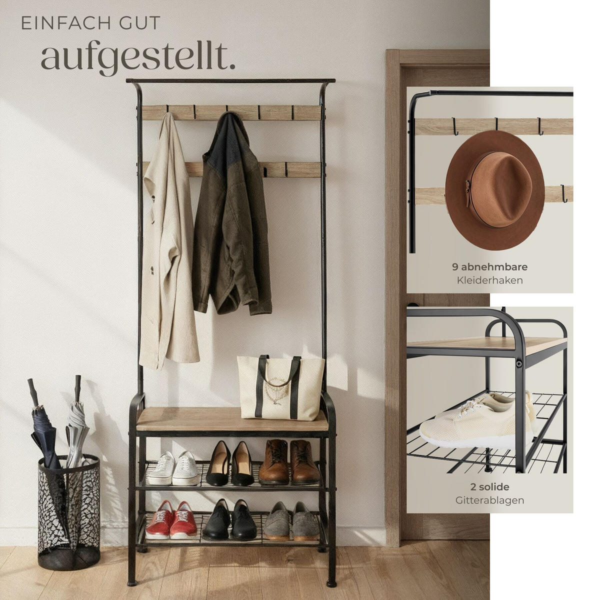 GARDEROBENSTÄNDER Wichita, inklusive Kippschutz, 73,5 x 36 x 184 cm, Industrial Holz hell, Eiche Sonoma - Naturfarben, Textil (36/184/73.5cm) - tectake