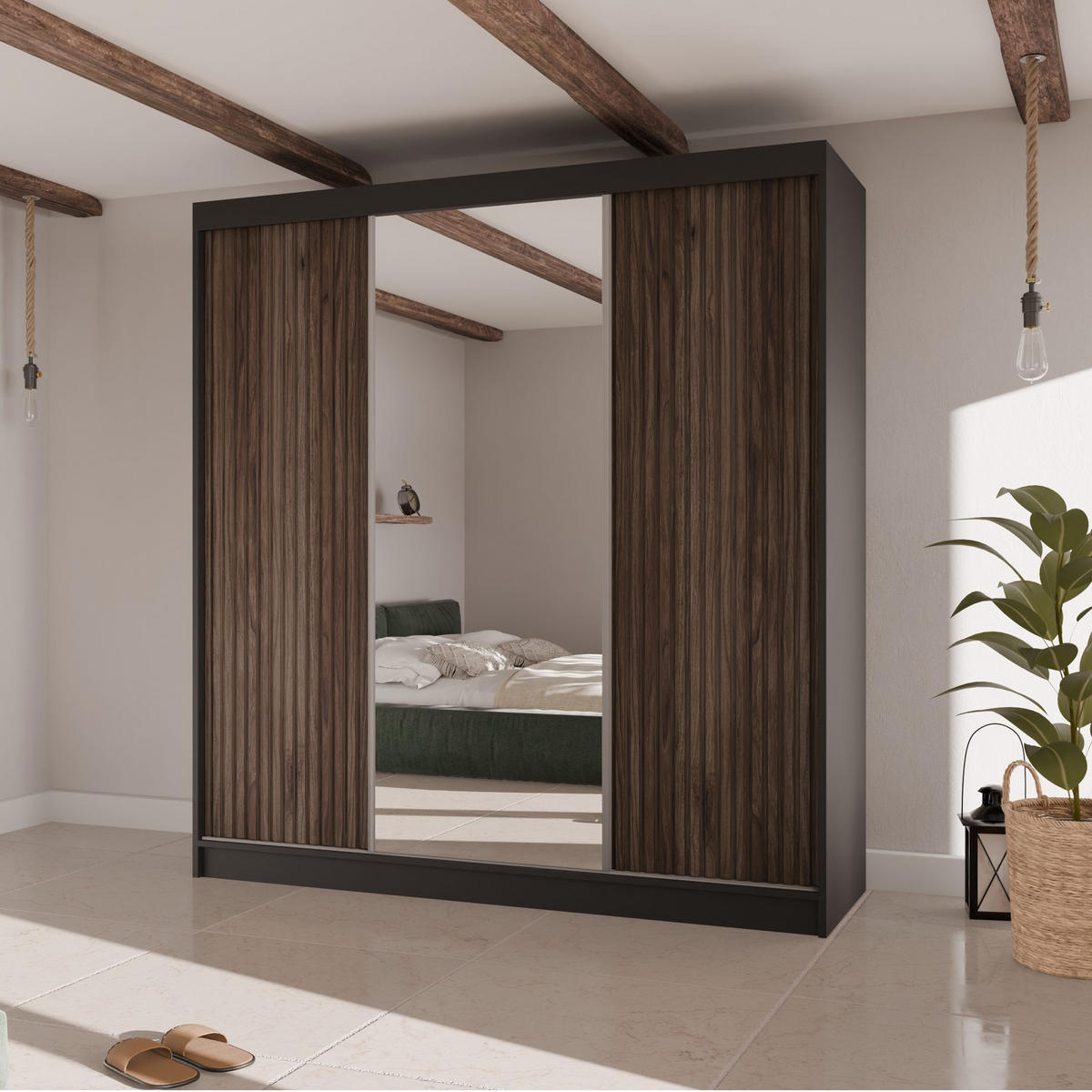 SCHWEBETÜRENSCHRANK Ramos II 200/61/215 schwarz+holzfarben - Eichefarben/Schwarz, Holzwerkstoff (200/215/61cm) - Beautysofa