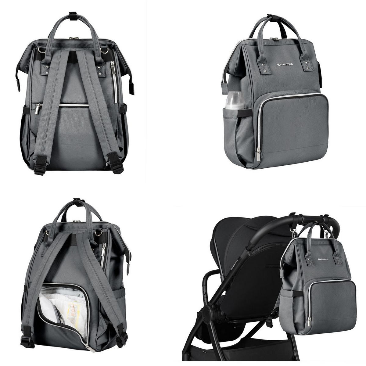 WICKELTASCHE Siena grau dunkelgrau Wickelunterlage, Thermo-Flaschenfächer, wasserabweisende Tasche - Schwarz, Textil (21/42/27cm) - Kikka boo