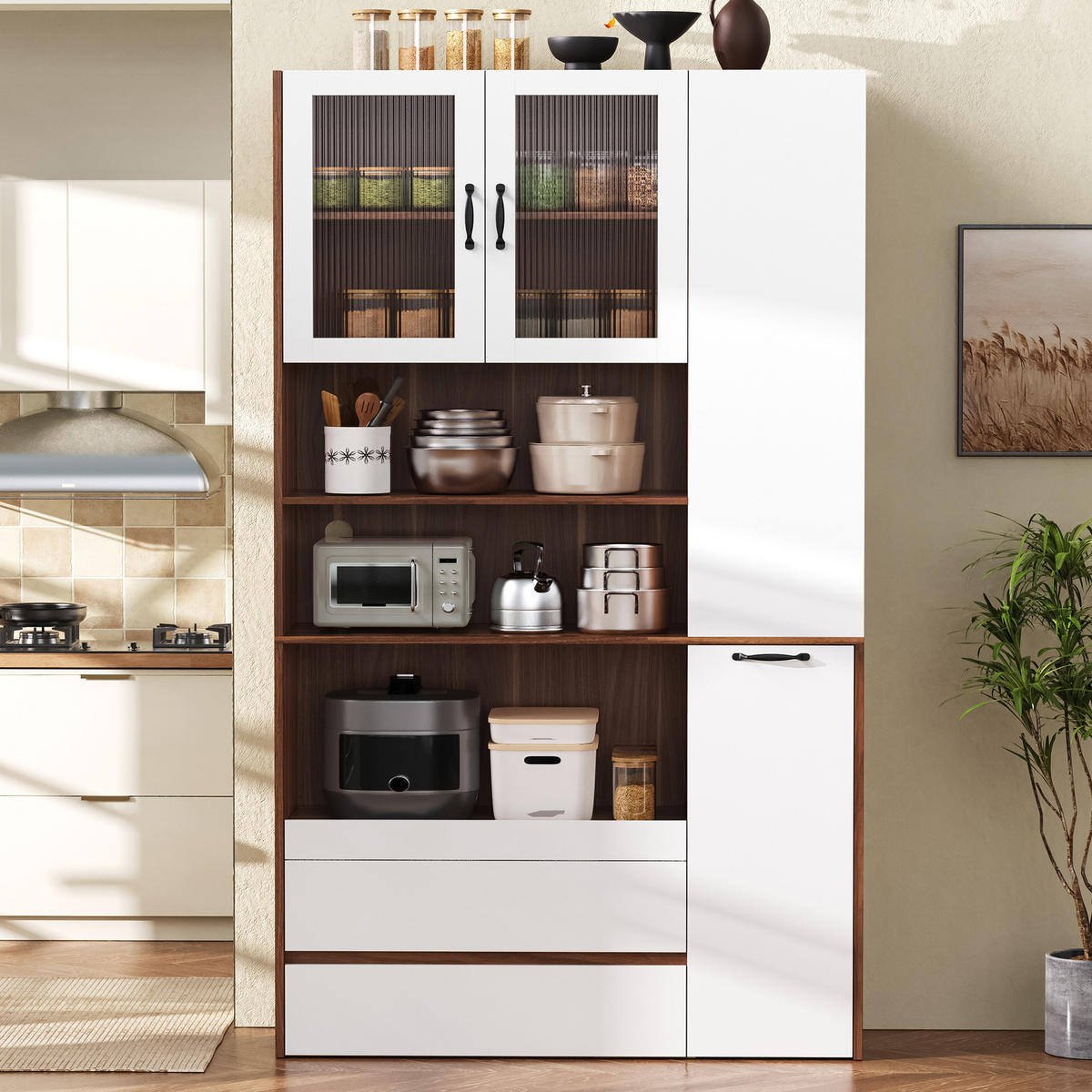 BUFFETSCHRANK Riffelglas Weiß-Nussbaumfarben 100/40/200 cm - Weiß, Holz (100/200/40cm) - PANGIVO