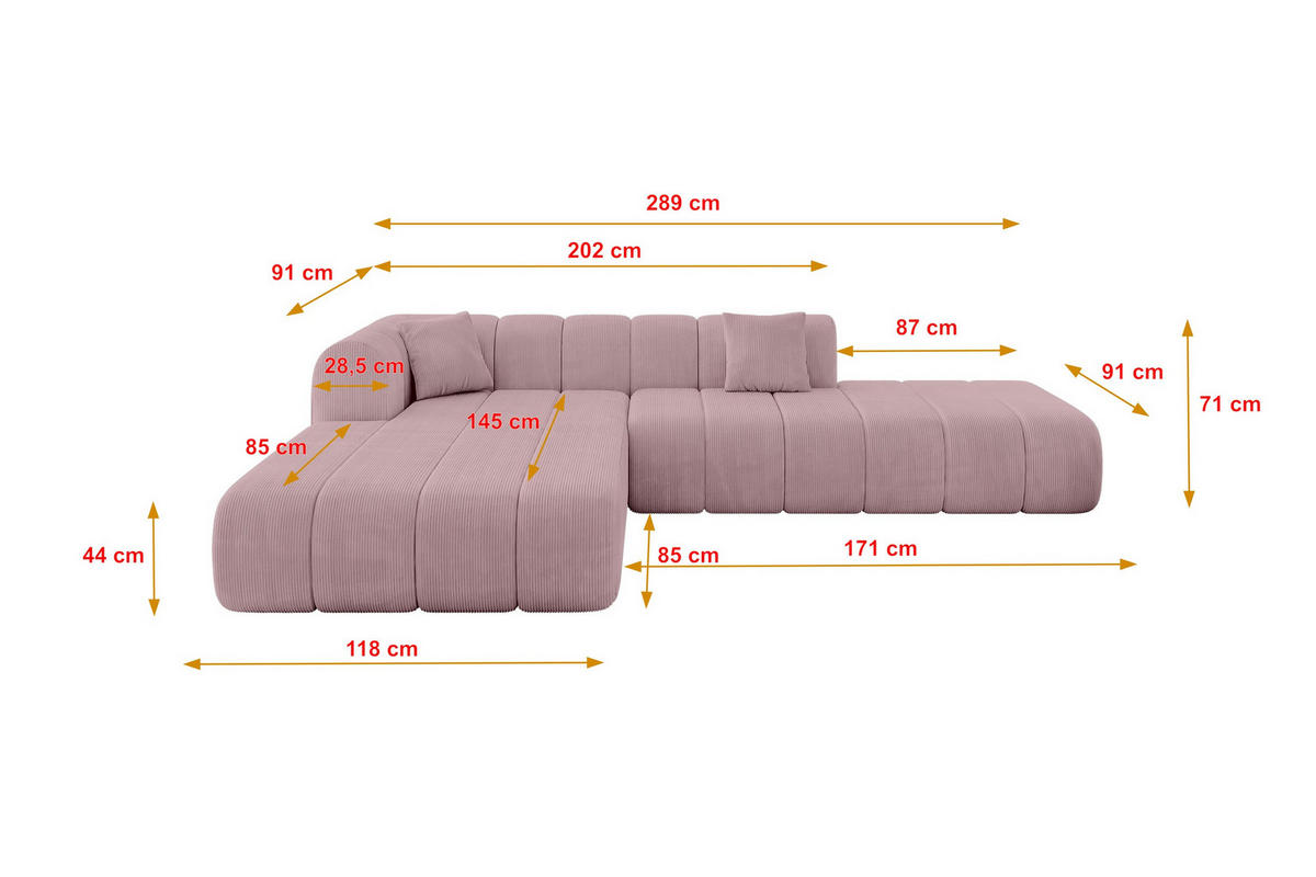 ROHOVÁ SEDAČKA s otomanem, levá BILA-L 289x176x71 Růžová Manšestr - růžová/černá, kompozitní dřevo/textil (176/289cm) - ALTDECOR