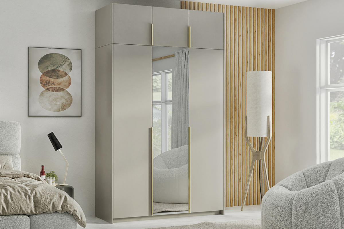 DREHTÜRENSCHRANK Apollonia I mit Spiegel 150x204cm 3-türig, kaschmir, goldene Griffe - Kaschmir/Goldfarben, Kunststoff (58/250/150cm) - Margaret Hadas24