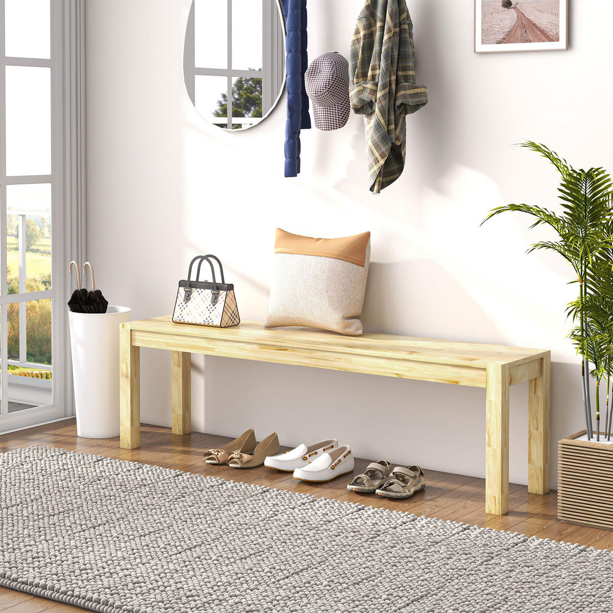 SITZBANK 3-Sitzer Holzbank Essbank im Landhaus-Stil, Küchenbank für Küche Natur - Naturfarben, Holz (33/45/150cm) - HOMCOM