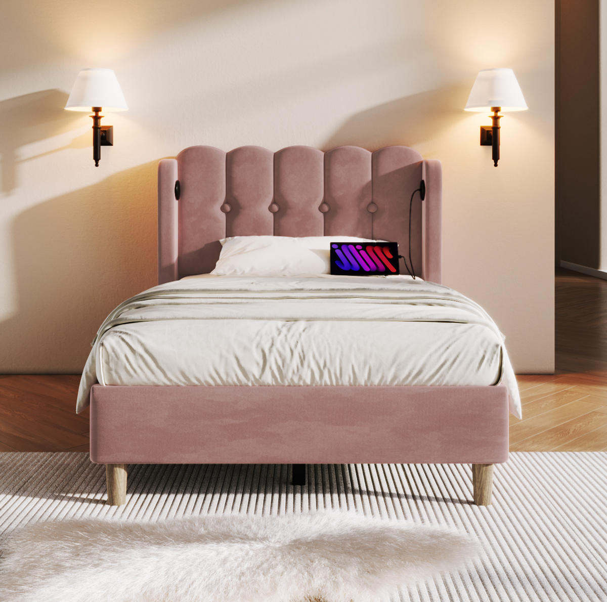 SAMT-POLSTERBETT 90/200 cm Rosa mit gepolstertem Kopfteil und USB-C - Rosa, Textil (90/200cm) - BEAOK