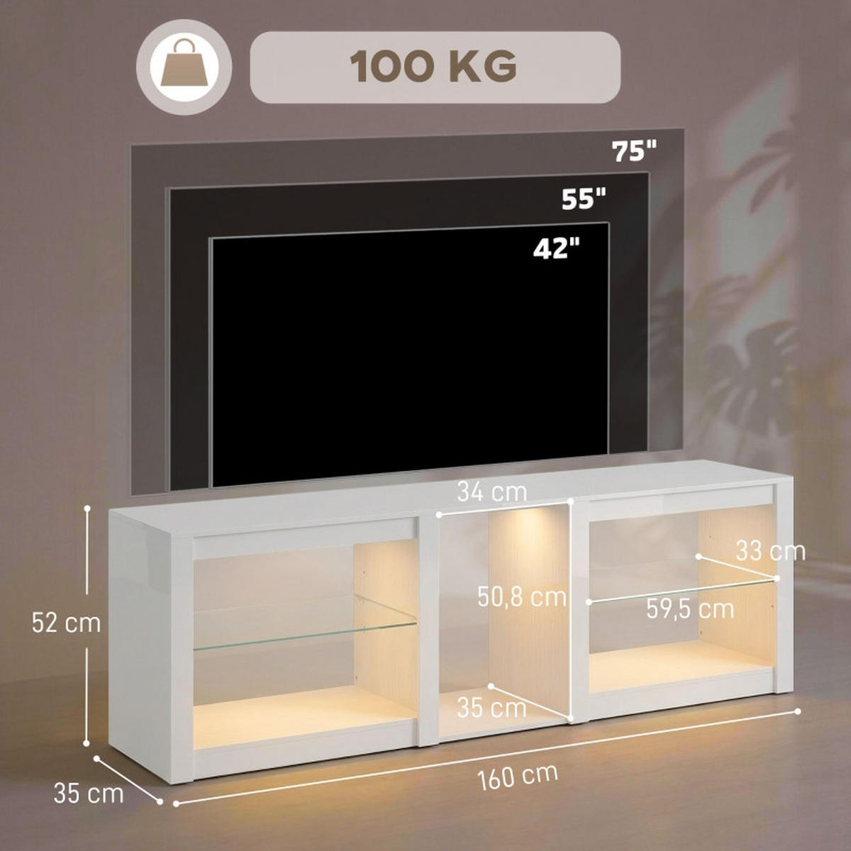 LOWBOARD DE-40503 Verstellbare Glasböden mit RGB-LED Weiß - Weiß, Holzwerkstoff (160/52/35cm) - ComfortXL