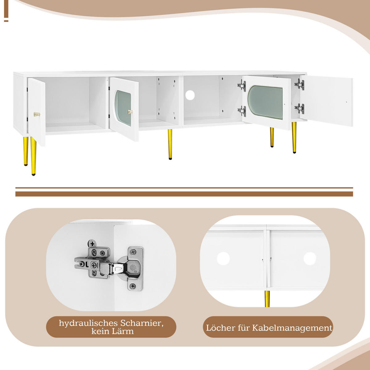 LOWBOARD 170/35/50 cm in Weiß aus Spanplatte mit 4 Türen und Kabelmanagement - Weiß, Holzwerkstoff (35/50/170cm) - OKMYHOME
