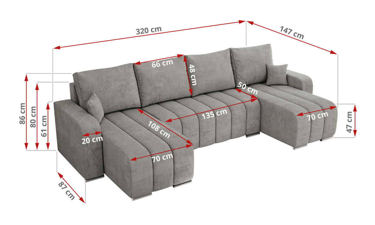 WOHNLANDSCHAFT KIRASSO U Hellgrau Struktur - Hellgrau/Grau, Textil/Metall (320/86/147cm) - MKS