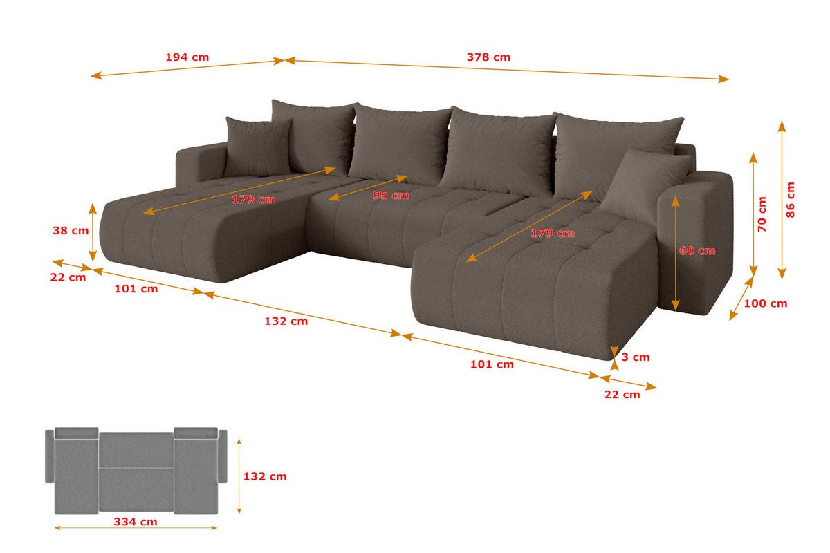 SEDACÍ SOUPRAVA DO U s funkcí spaní a úložným prostorem MILA-U 378x194x86 hnědá bouclé - černá/hnědá, kompozitní dřevo/textil (378/86/194cm) - ALTDECOR