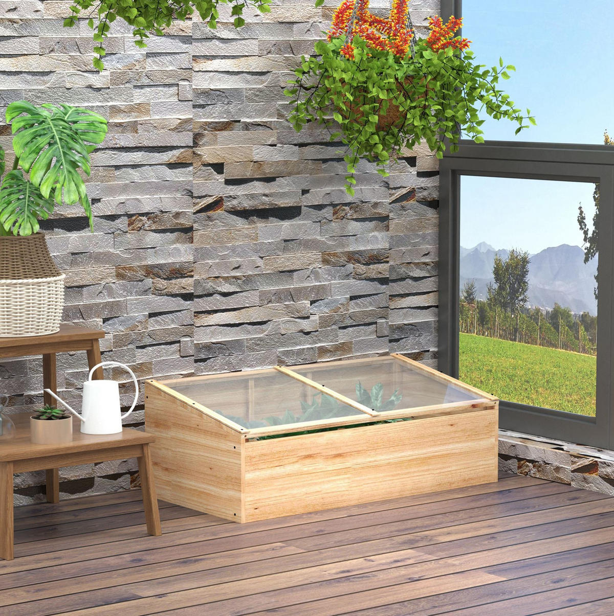 GEWÄCHSHAUS 100/35/50 cm Natur aus Holz mit schrägem Dach - Naturfarben, Holz (50/35/100cm) - OKMYHOME