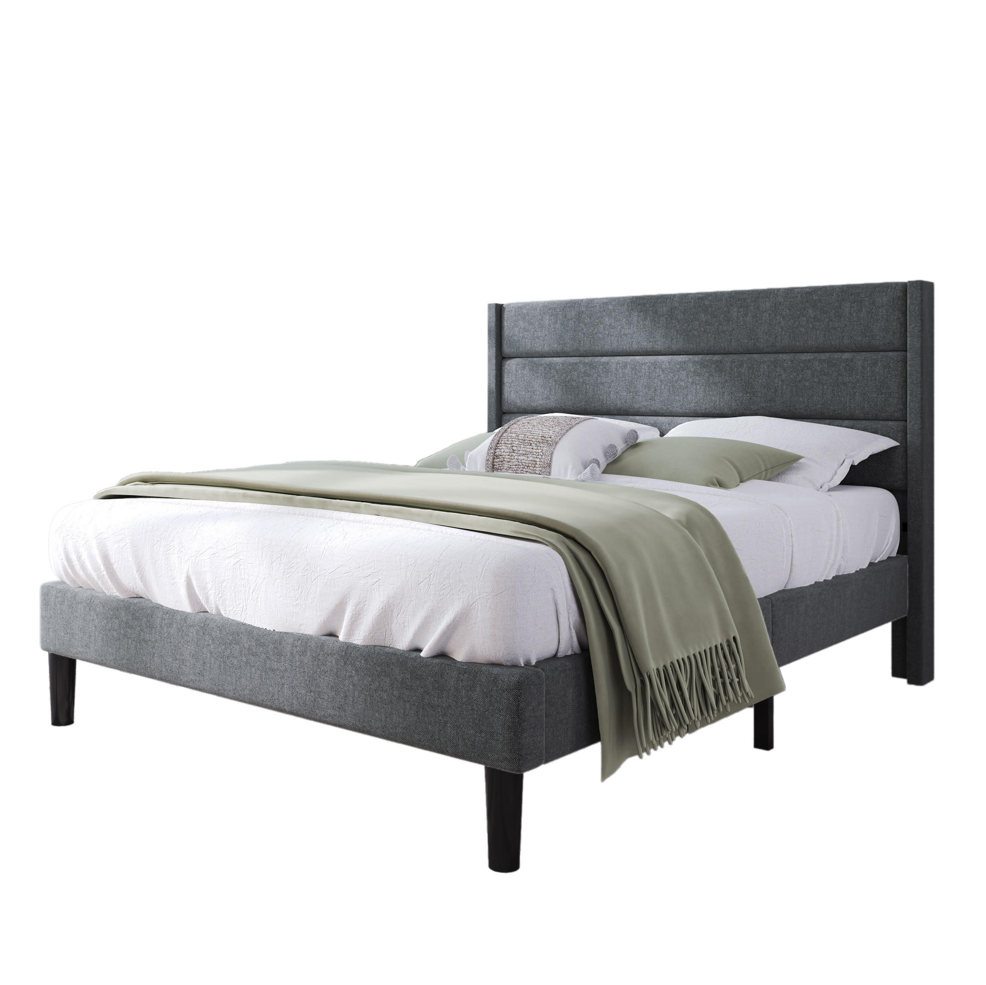 POLSTERBETT 140/200 cm Dunkelgrau mit gepolstertem Kopfteil aus Leinen - Dunkelgrau, Textil (140/200cm) - OKWISH