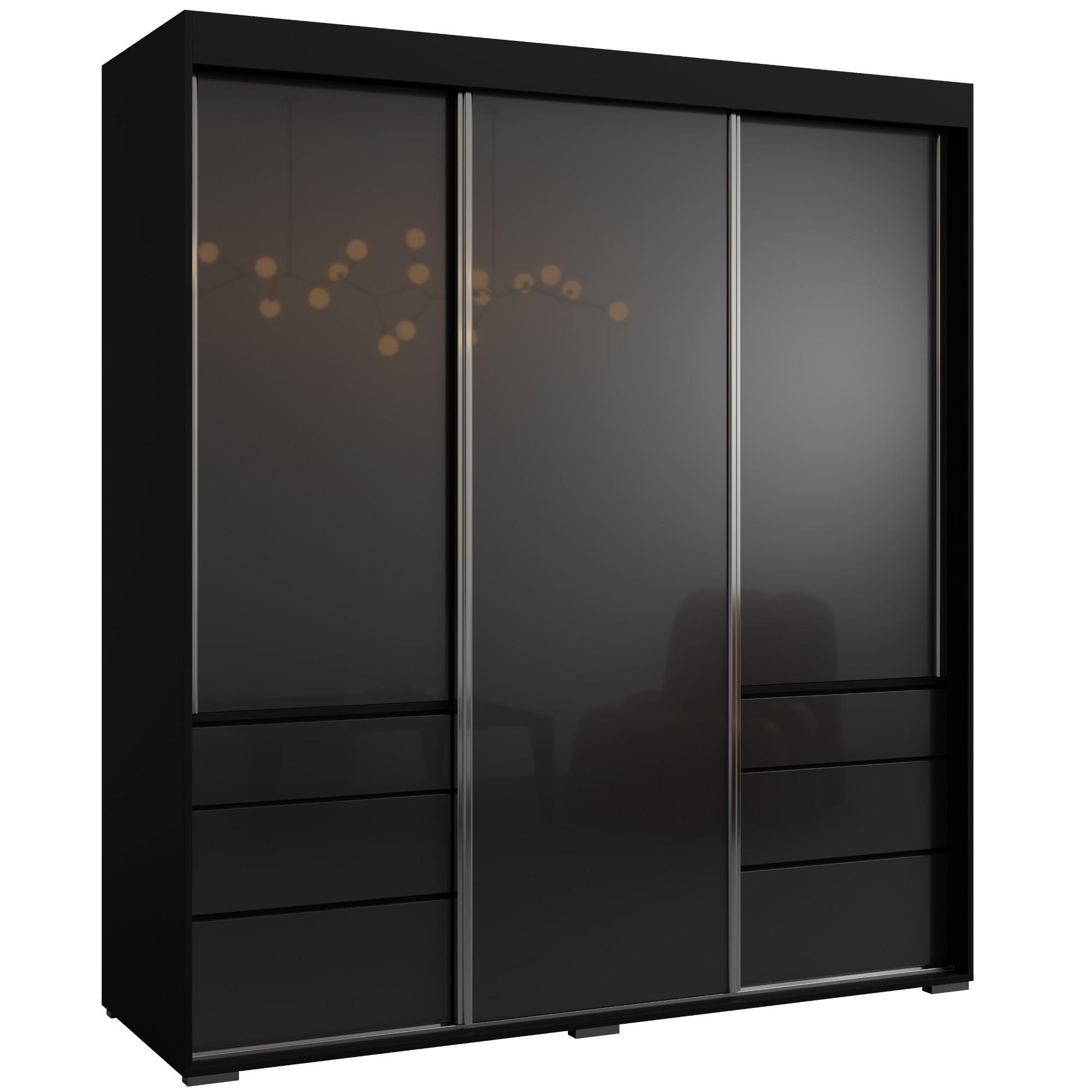 SCHIEBETÜRENSCHRANK mit Schubladen Torino 3D 180 Schwarz (Lacobel) - Silberfarben/Schwarz, Holzwerkstoff/Metall (180/204/65cm) - mzm24