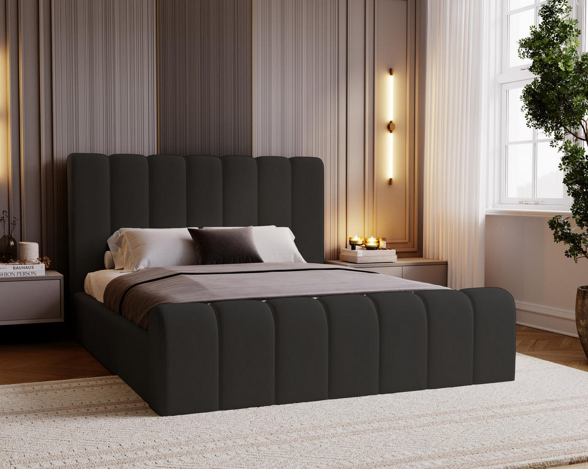 DOPPELBETT 200x200 Valetta mit Bettkasten, Velvet Schwarz - Schwarz, Holz/Textil (200/200cm) - Emporius