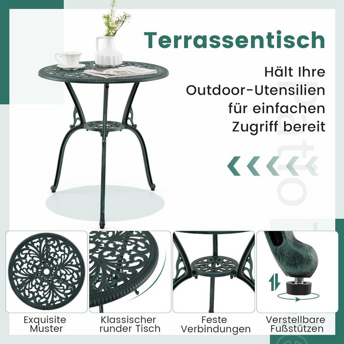 BISTROSET 3-teilig – Gartentisch mit 2 Stühlen, wetterfest - Grün, Metall - Auledio
