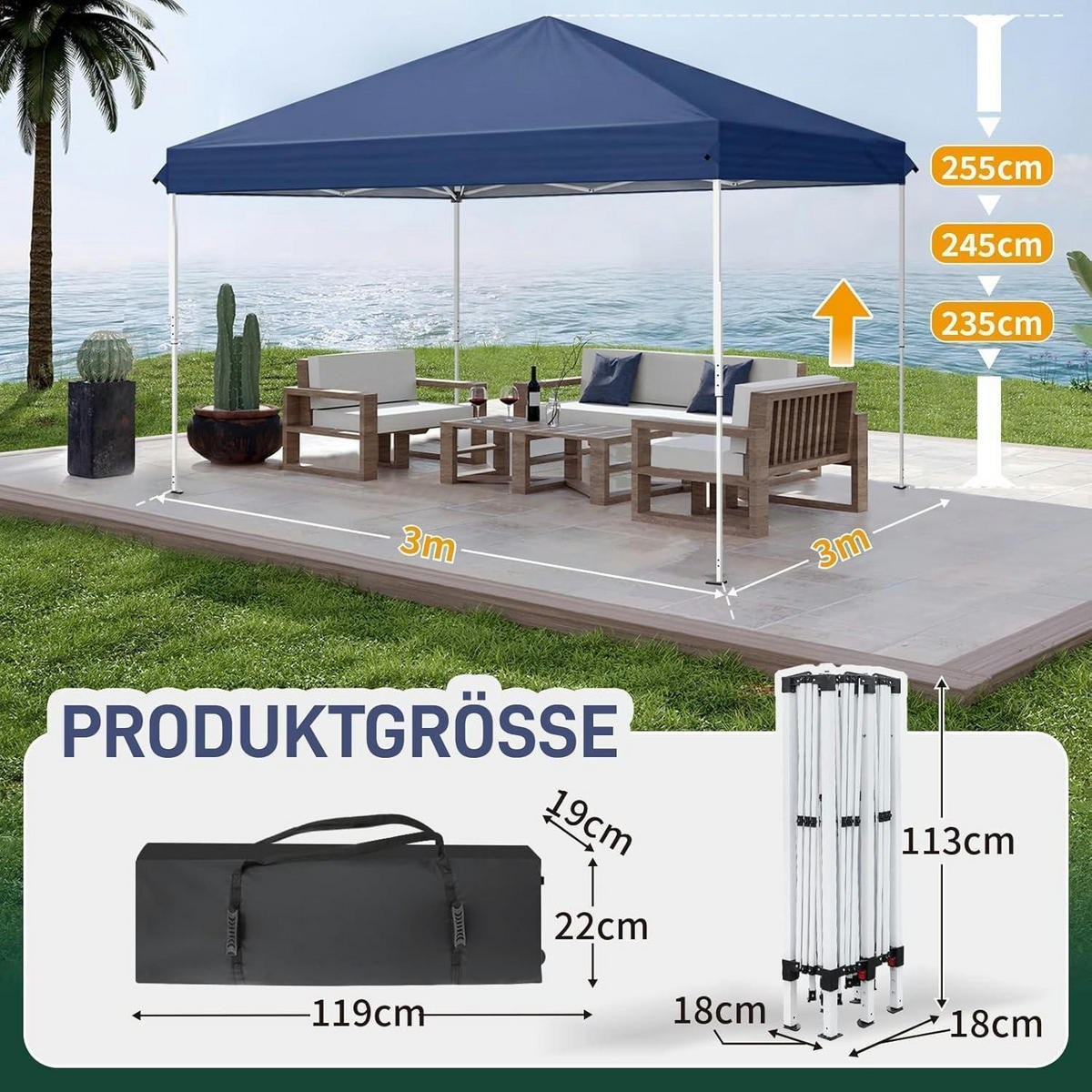 FALTPAVILLON 3 x 3 m mit 4 Seitenteilen blau - Blau, Textil (300/255/300cm)