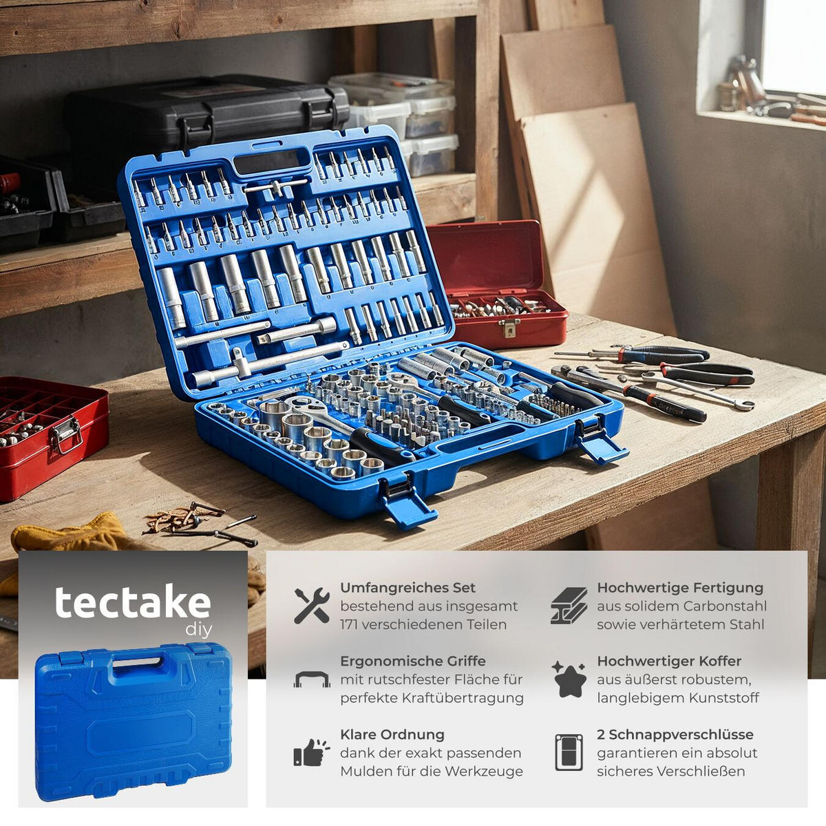 STECKSCHLÜSSELSATZ, übersichtliche Anordnung im Kunststoffkoffer,blau - Blau, Metall (46.5/33.5/9cm) - tectake