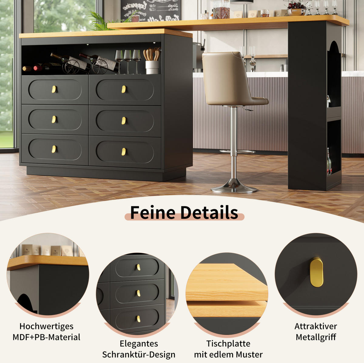 BARTISCH, MDF ausziehbar & drehbar mit Stauraum, 137-203/39/90 cm, Schwarz - Schwarz, Holzwerkstoff (39/90/137cm) - Redom