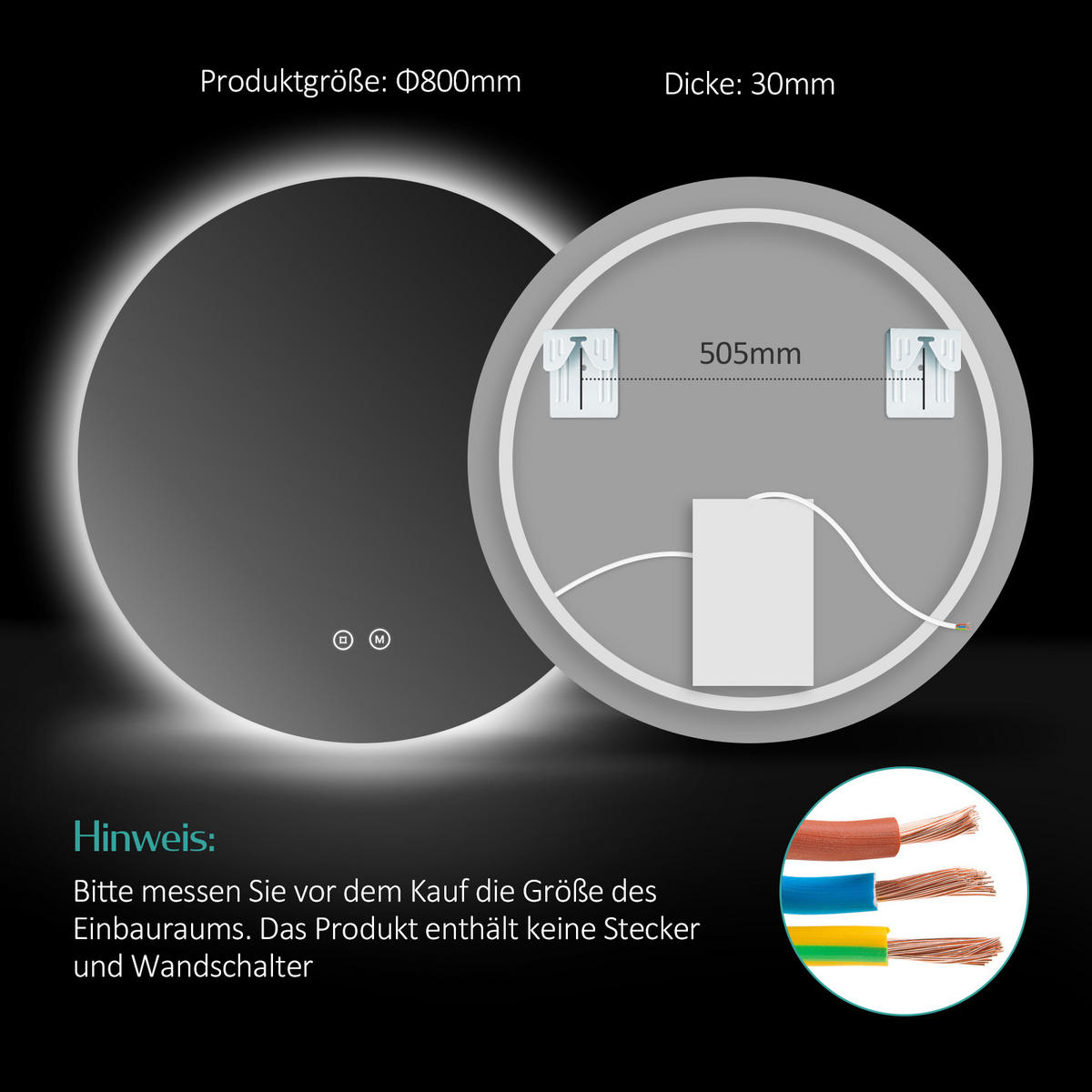 BADSPIEGEL rund mit Beleuchtung rahmenlos Ø80 cm - Weiß, Glas (80/2/80cm) - EMKE