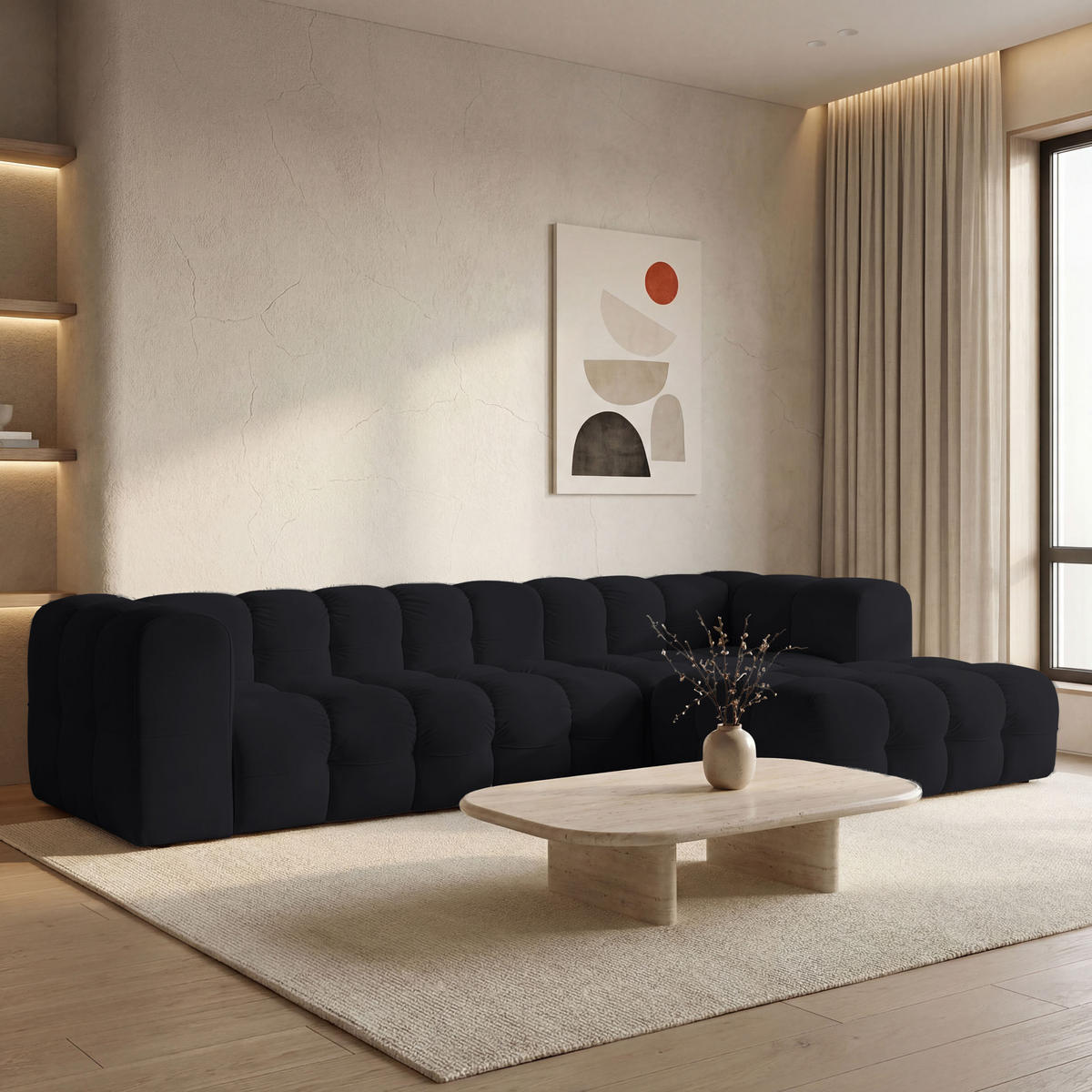 ECKSOFA Mochi L-Form 5-Sitzer Rechts, Samt, Schwarz 290/75/193 cm - Schwarz Hochglanz/Schwarz, Kunststoff/Textil (290/193cm) - WFL GROUP