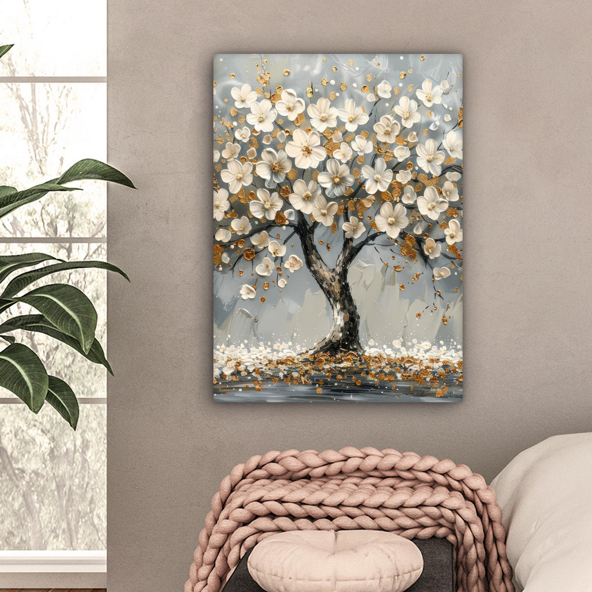 LEINWANDBILD Baum - Blumen - Weiß - Natur - Kunst Wandbild Wohnzimmer 60x80 cm - Weiß, Textil (60/80cm) - MuchoWow