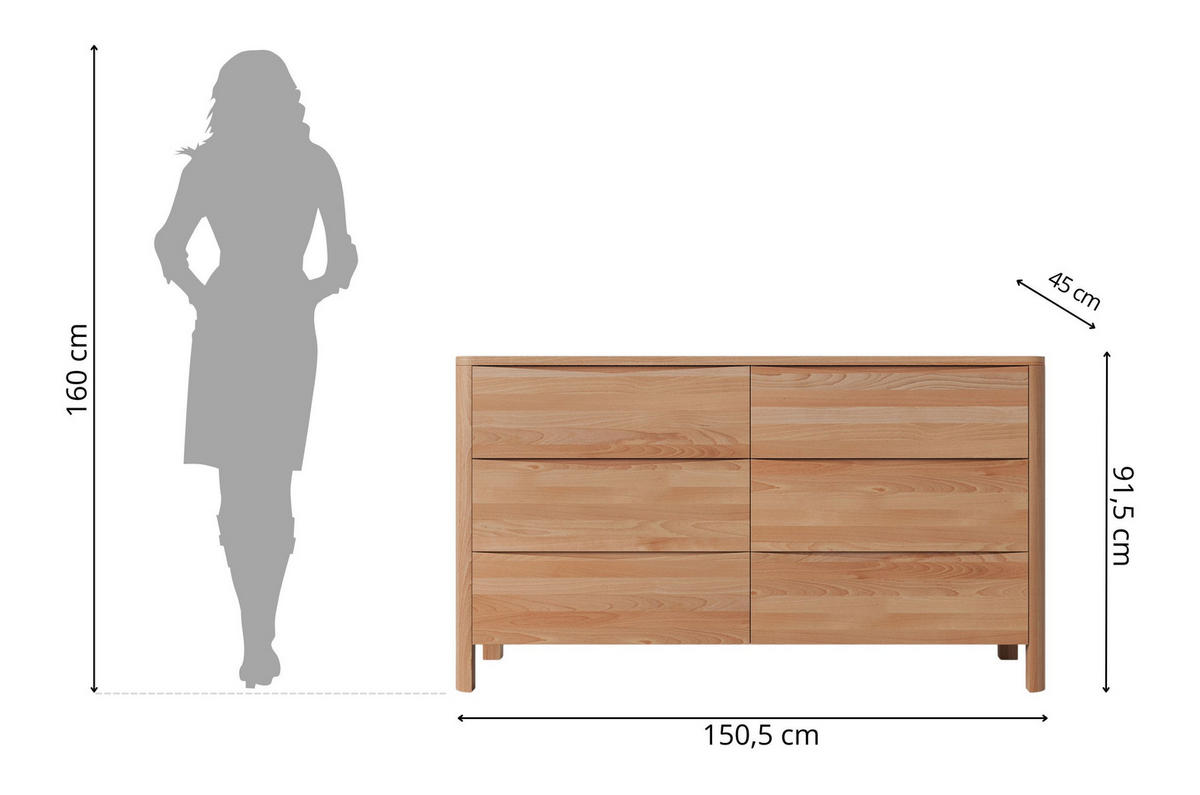 HOLZKOMMODE Modena Low 150, Naturfarben - Buchefarben, Holz/Buchenholz (150.5/91.5/45cm) - Visby