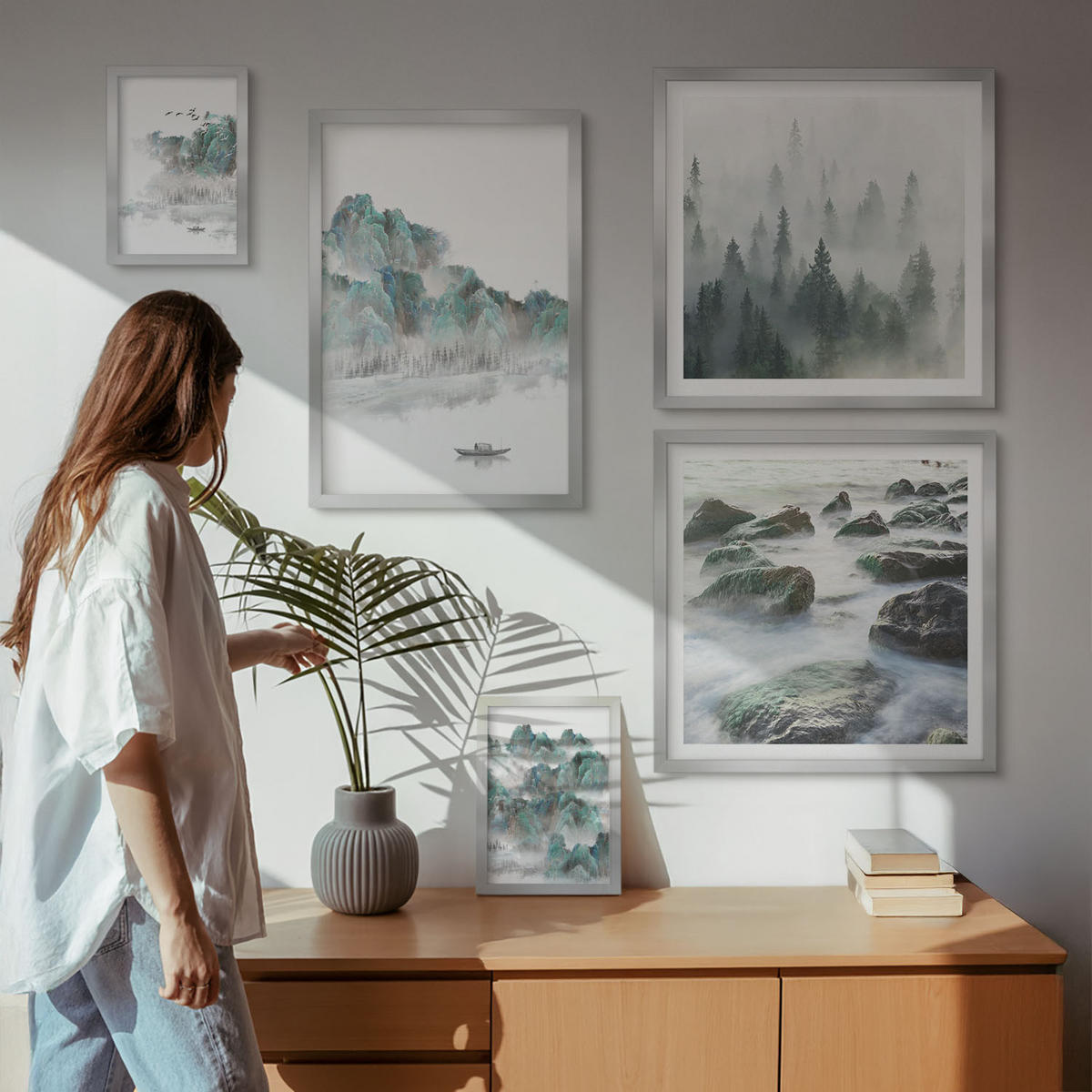 WANDBILDER 5er Set - 50x50 cm & 20x30 cm & 40x60 cm Silberner Rahmen - Sommerwiesenblumen Sonnenuntergang - Silberfarben, Kunststoff (40/60cm) - ArtPrintCave