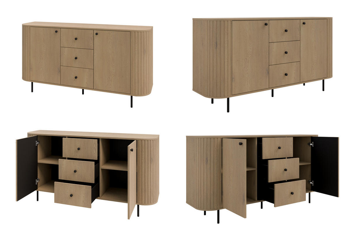 KOMMODE Olivia 165cm, mit 2 Türen, 3 Schubladen und geriffeltem Design, eiche sonoma - Sonoma Eiche, Metall (165/85/43cm) - Margaret Hadas24