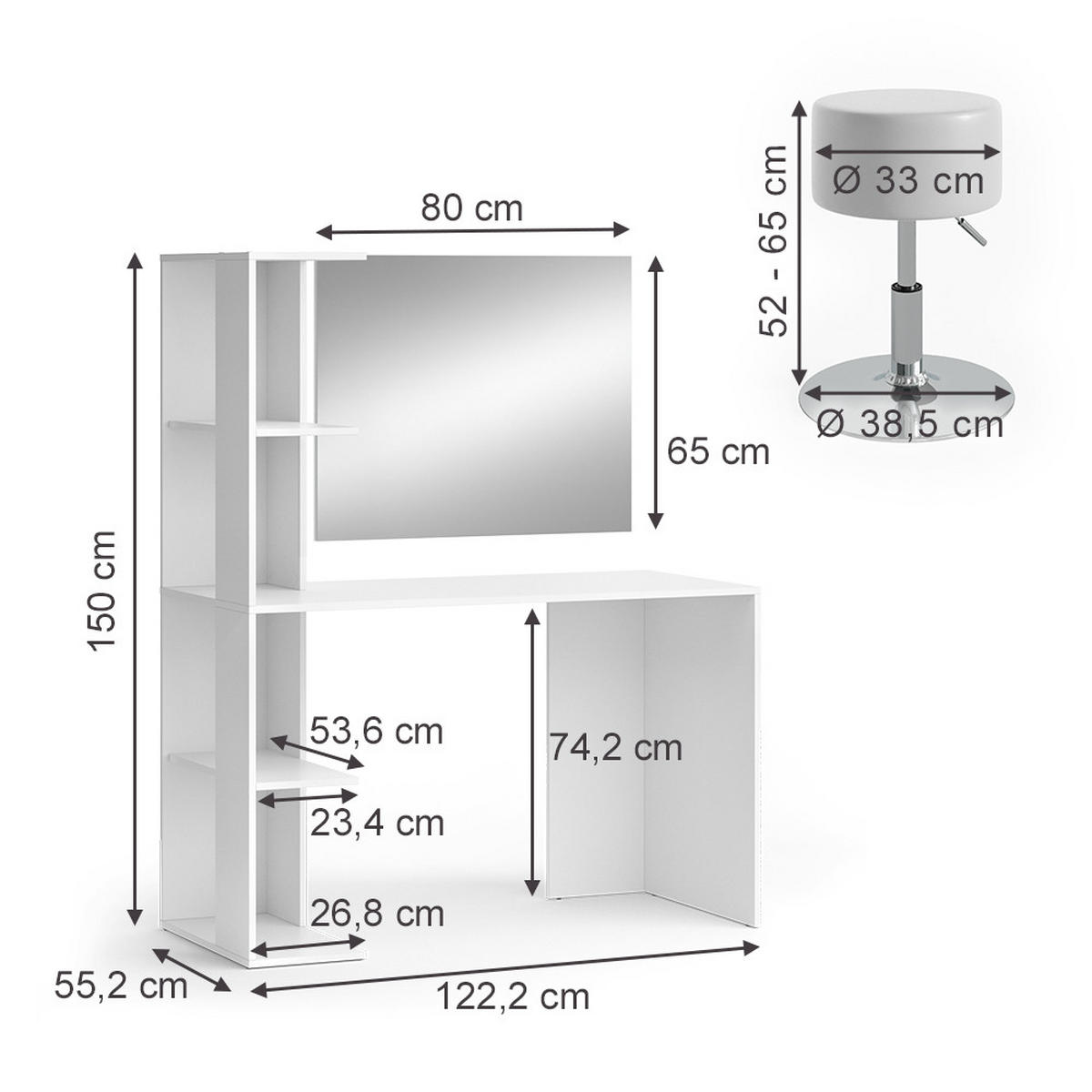 SCHMINKTISCH Tower Weiß 122.2 cm mit Spiegel und Hocker - Weiß, Holzwerkstoff (122.2/75.8/55.2cm) - Vicco