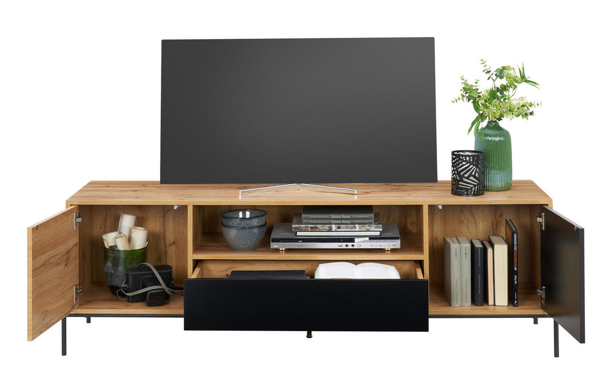 TV-LOWBOARD - Eiche Dekor / Schwarz - Eichefarben/Schwarz, Holzwerkstoff/Metall (160/55/40cm) - home24