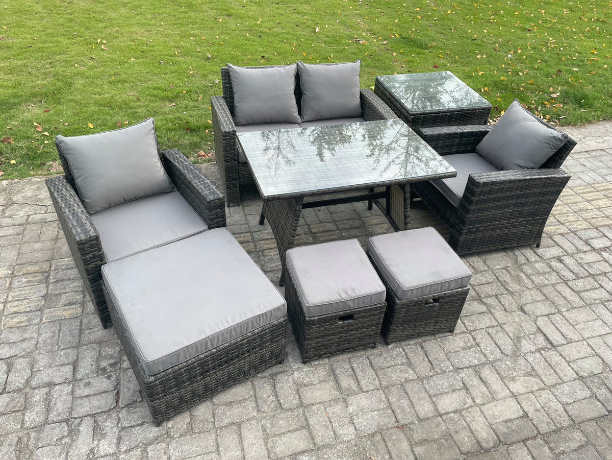 GARTENMÖBELSET mit ESSTISCH,HOCHLEHNER-SOFA Polyrattan Dunkelgrauer Mix 7-Sitzer - Dunkelgrau/Grau, Glas/Kunststoff - Fimous