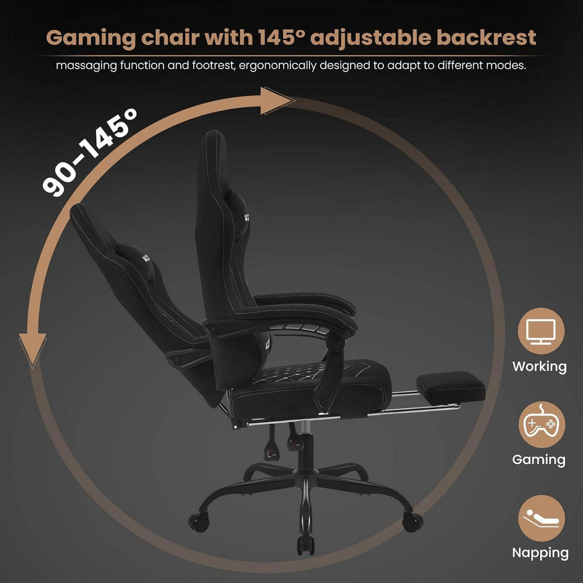 GAMINGSTUHL mit Massagefunktion, Computerstuhl Ergonomisch - Schwarz, Kunststoff/Textil (70/127/70cm) - Woltu