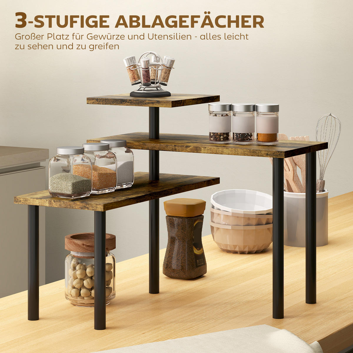KÜCHENREGAL Spanplatte Metall Rustikal-Braun - Braun, Holzwerkstoff (18/36.5/40cm) - HOMCOM
