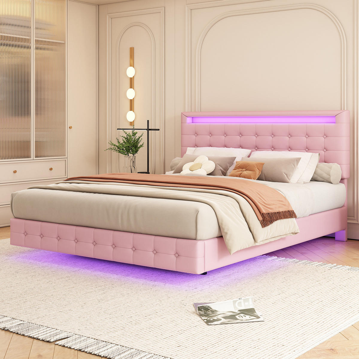 TAPECIRANI krevet 140/200 cm s LED osvjetljenjem i trostupanjski podesivim uzglavljem, Ružičasta - ružičasta, koža (140/200cm) - Redom