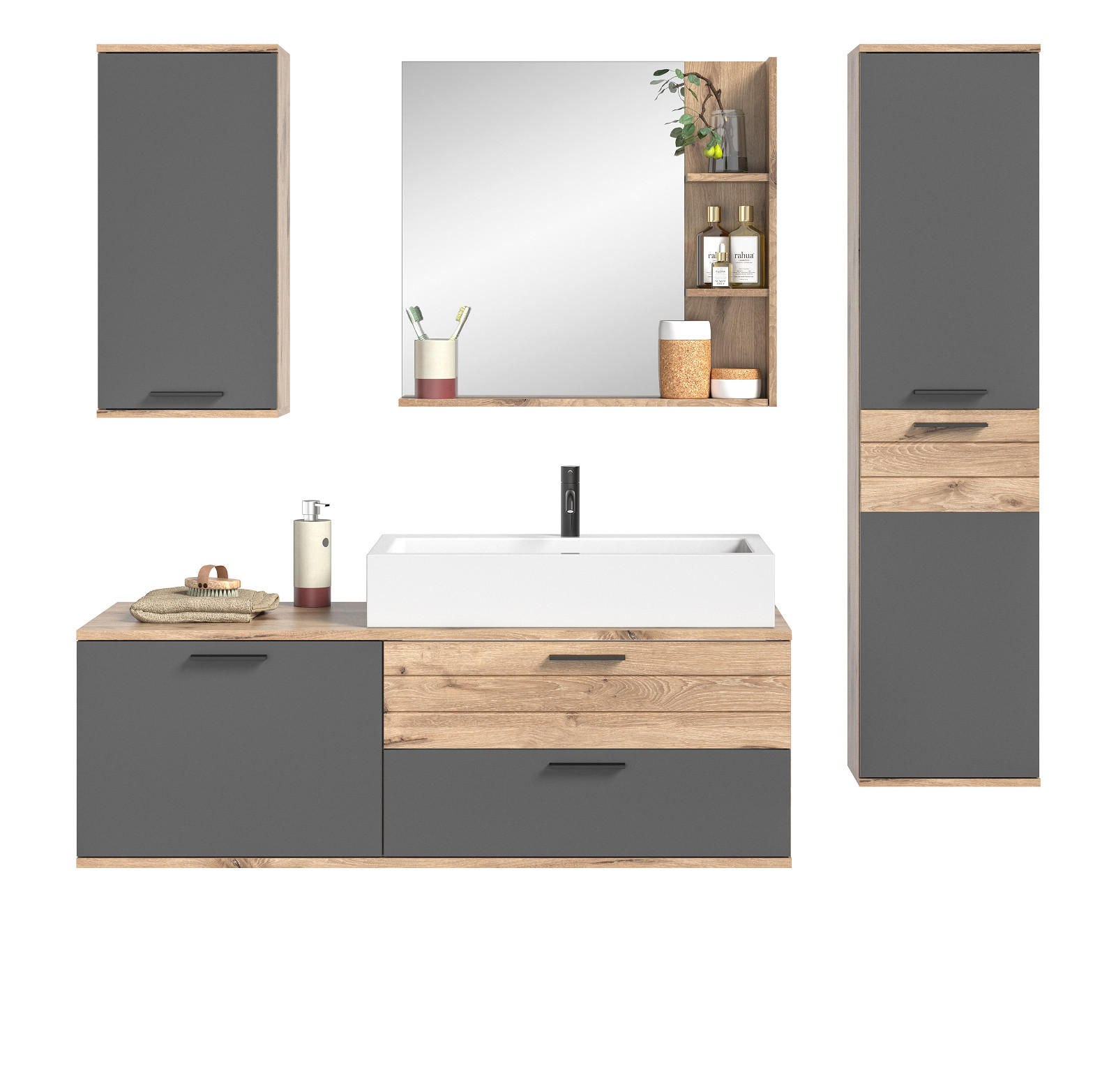 BADMÖBEL-SET Eiche, grau 5-teilig mit Soft-Close, Komplett-Set mit Waschbecken - Eichefarben/Grau, Glas/Holzwerkstoff (190/152/46cm) - Inn.Furn